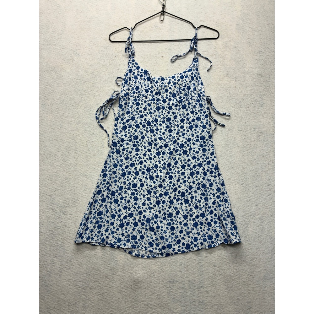Sky To Moon Floral Mini Dress Cottagecore Tie Shoulder Side Cinch Small Blue